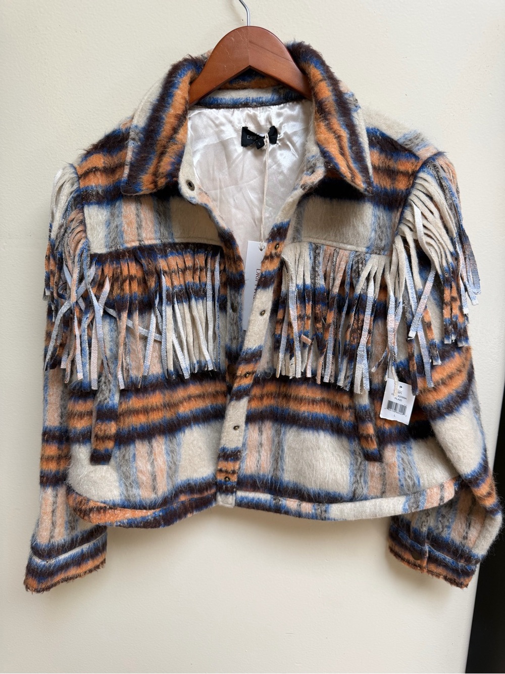 DRIFTWOOD Cream, Blue & Orange Plaid Fringed Shacket